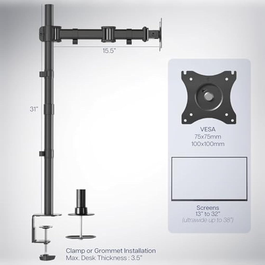 VIVO Extra Tall Single Monitor Desk Mount | 31" Pole Stand for 13-38" Screens