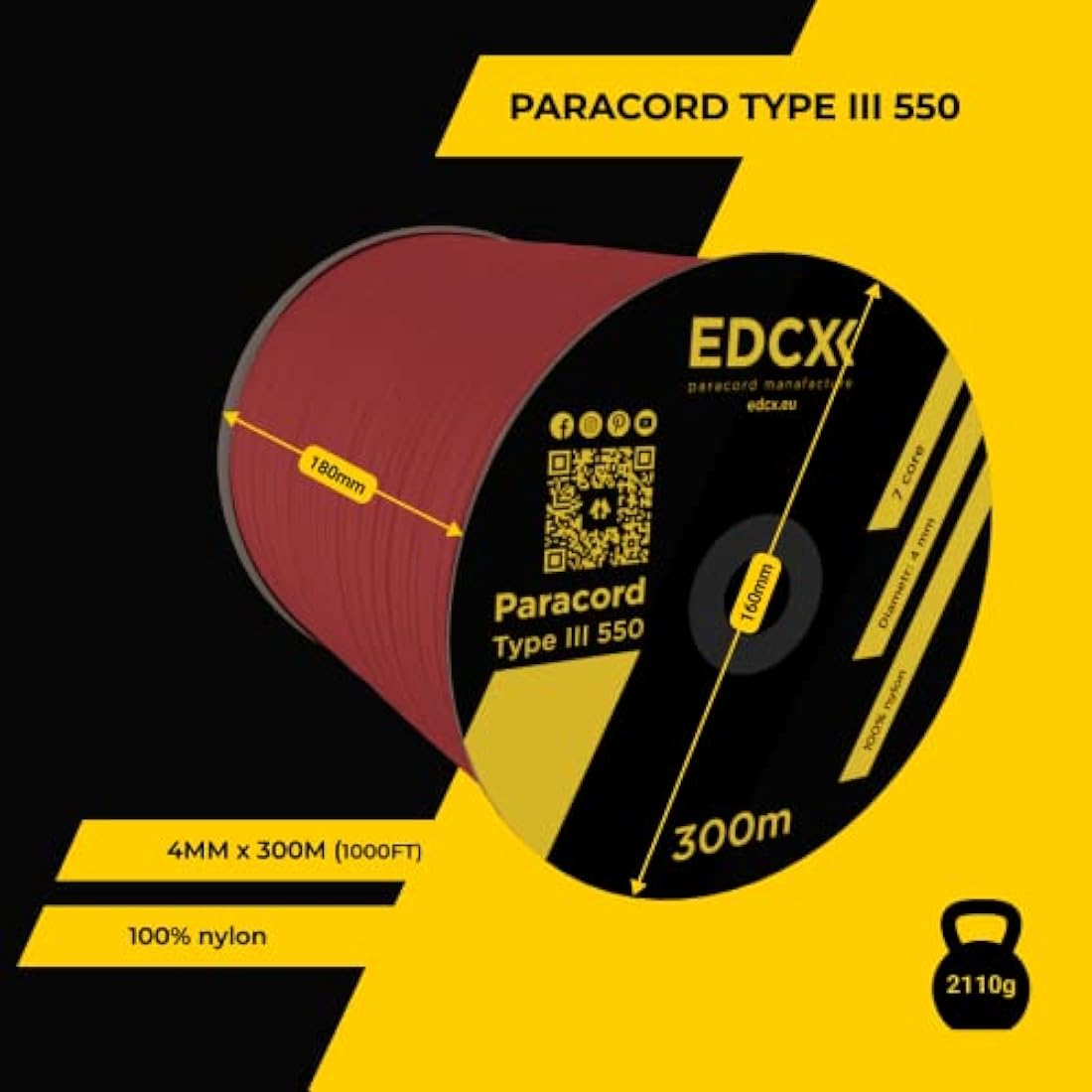 EDCX 550 Paracord – 4mm 7-Strand Nylon Rope for Camping & DIY, 15m