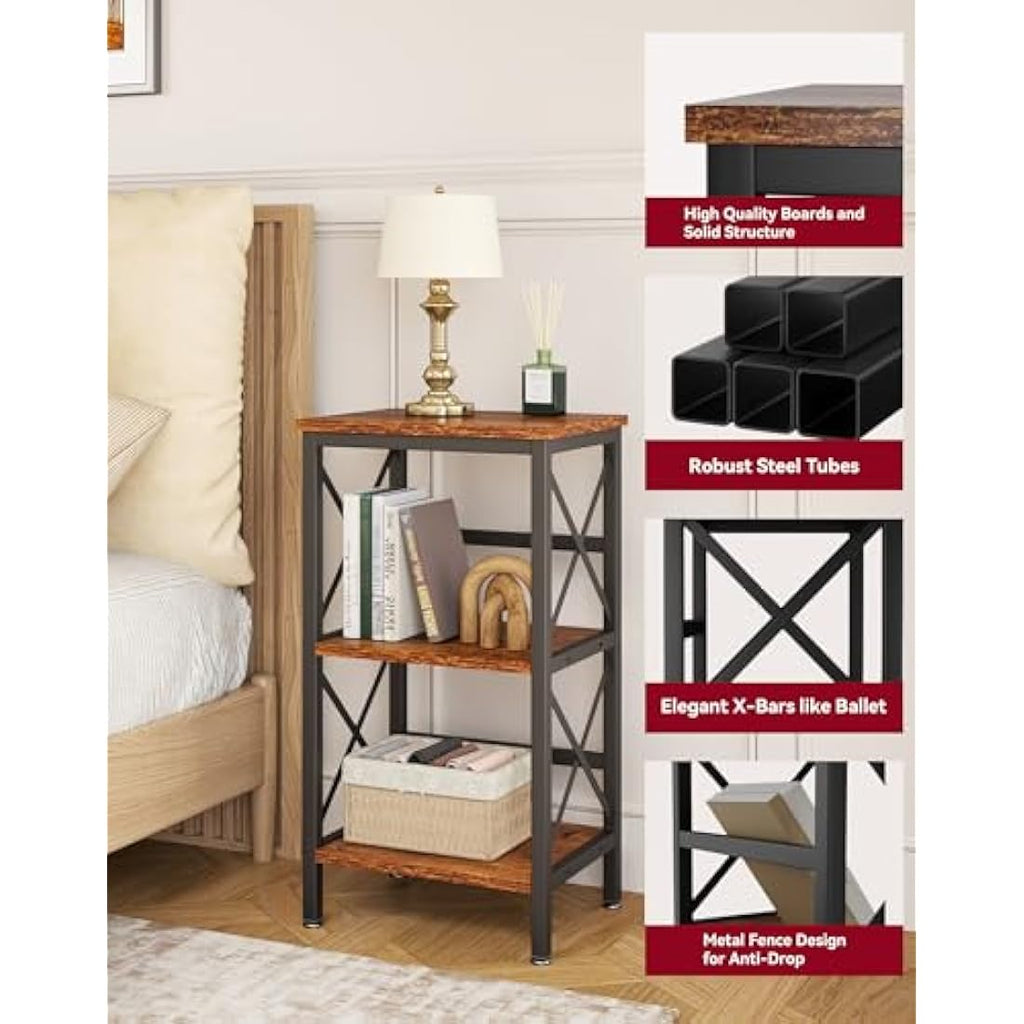 YMYNY 3-Tier Industrial Bookshelf – Rustic Brown Microwave Rack
