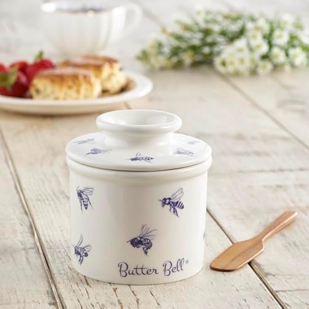 Butter Bell Ceramic Butter Crock - Farmhouse Honey Bee Blue & White