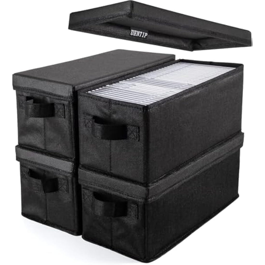 UENTIP CD Storage Boxes – Pack of 4 Stackable Media Organizers, Black