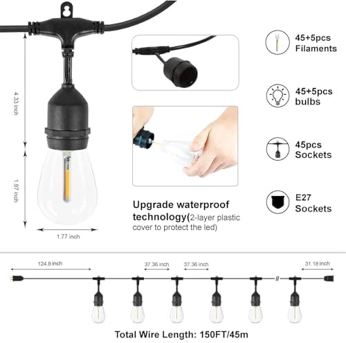 ZOTOYI 150FT S14 Outdoor String Lights | 50 Shatterproof LED Bulbs IP65