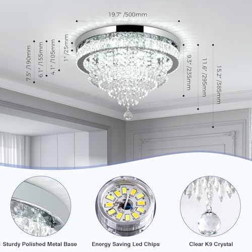 RHEAFON Modern Crystal Chandelier | Dimmable LED Flush Mount Ceiling Light