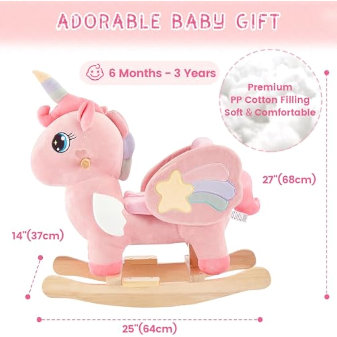 FUNLIO Pink Unicorn Baby Rocking Horse - Wooden Ride-on for Toddlers