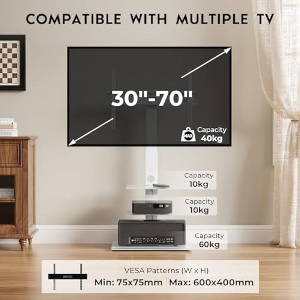 BONTEC Universal Floor TV Stand | 30-70 inch | 3-Tier Glass Shelves (White)