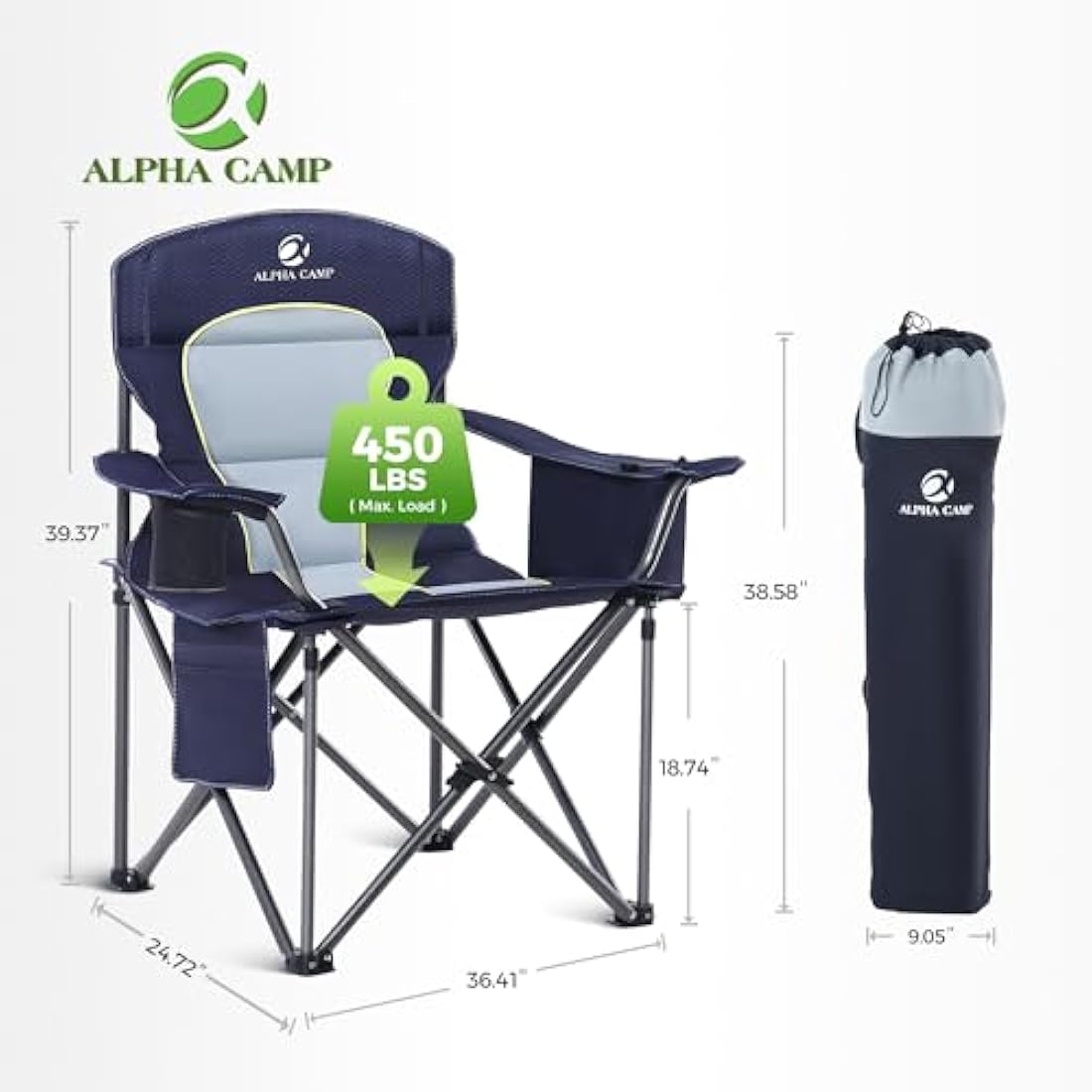 ALPHA CAMP Heavy Duty Folding Camping Chair with Cooler Bag – Navy Blue