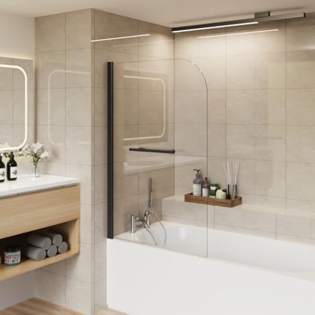 Jolof Store Aquariss Black Pivot Bath Screen with Towel Rail