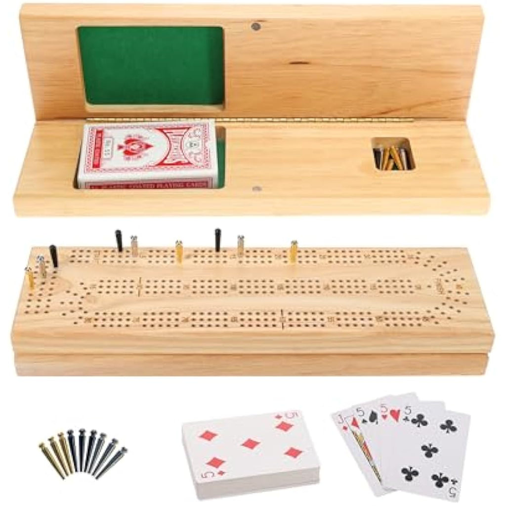WE Games Solid Wood Cabinet Cribbage Set | 3-Lane Board with Metal Pegs