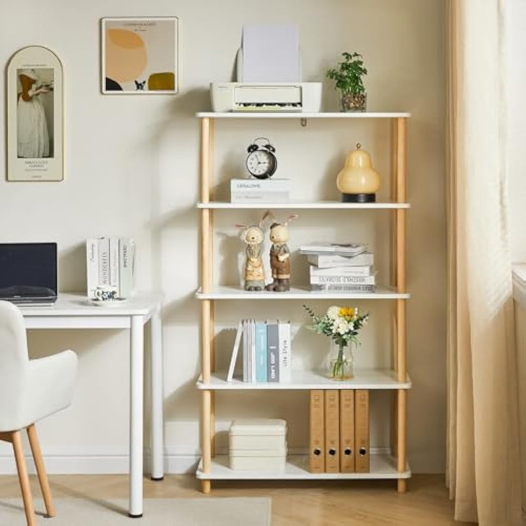 IBUYKE 5-Tier Wooden Open Bookcase | Modern White Storage Display Shelf