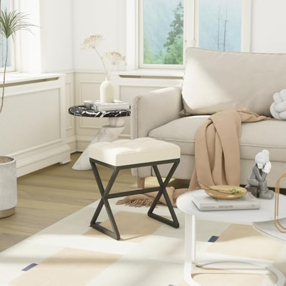 YMYNY Linen Vanity Stool – Square Ottoman with X-Shaped Metal Legs