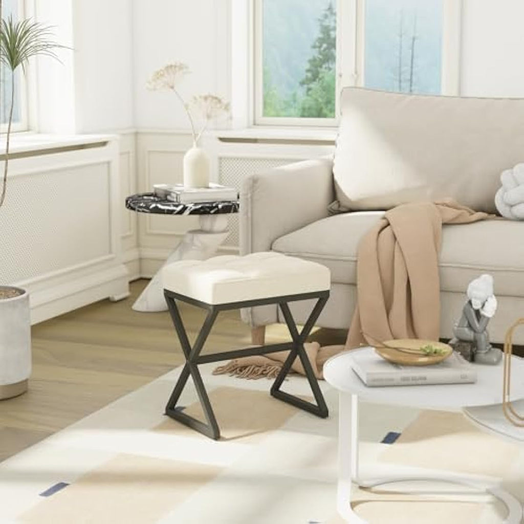 YMYNY Linen Vanity Stool – Square Ottoman with X-Shaped Metal Legs