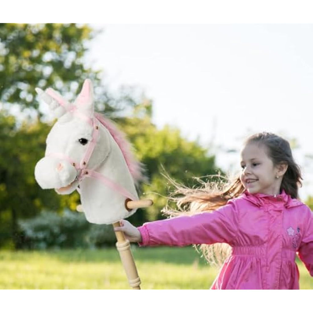 BEJOY Plush Unicorn Hobby Horse with Sound and Wood Wheels – White, 37"