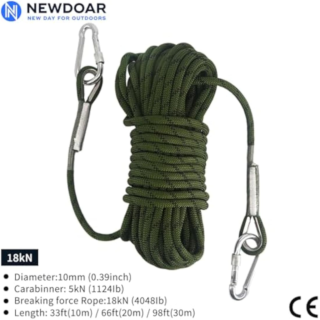 NewDoar 10mm Static Climbing Rope – 18KN Safety Cord with 2 Carabiners