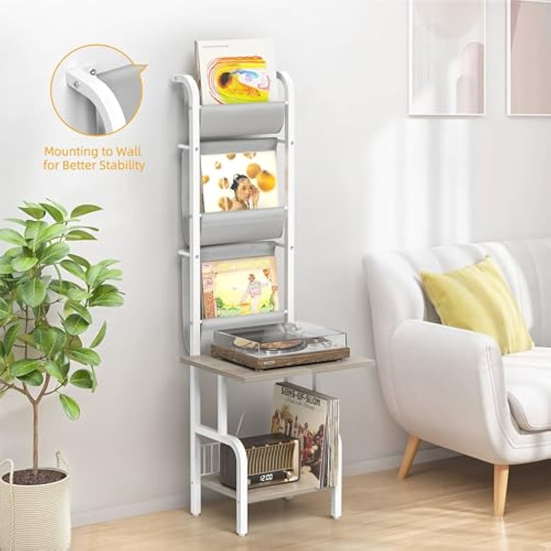 Bikoney Vinyl Record Storage Stand | 200 Album Turntable Cabinet - White