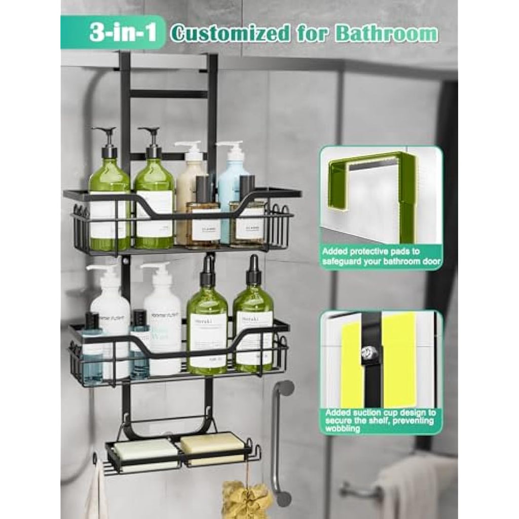 3-Tier Over Door Shower Caddy – Black Stainless Steel Rack
