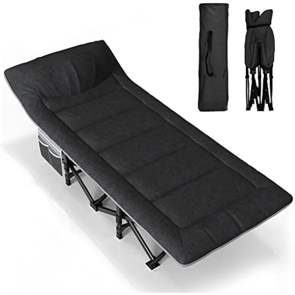 Heavy-Duty Camping Cot with Cushion and Pillow – Black