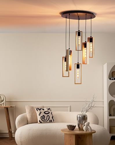 EGLO Littleton 6-Light Industrial Wood & Metal Cluster Pendant Lamp