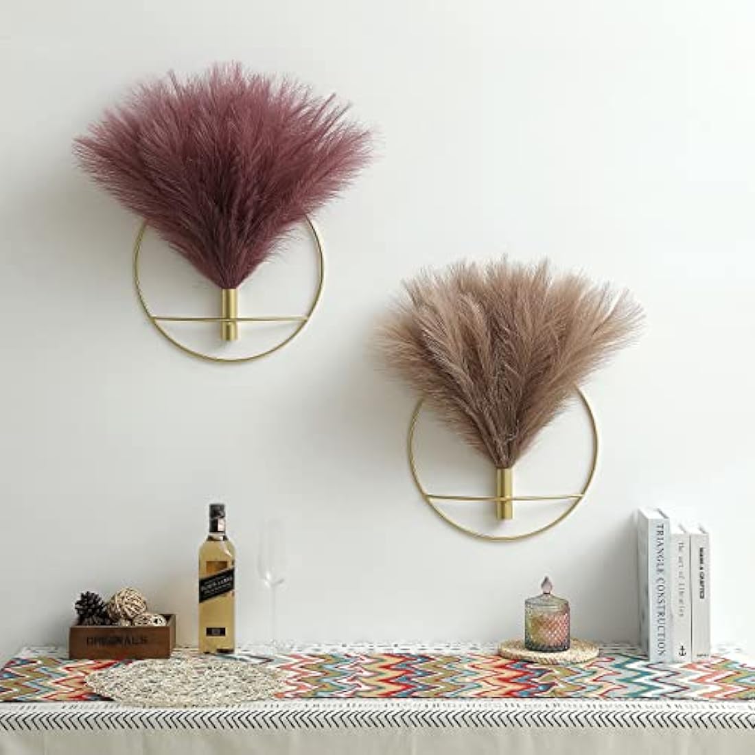 Metal Wall Vase Decor – 2 Pack Gold Ring with Pampas Grass