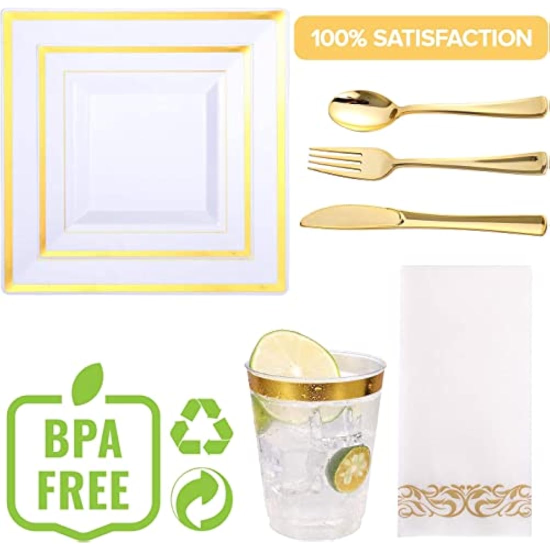 Jolof Store 175pc Gold Square Reusable Plastic Dinnerware Set for 25