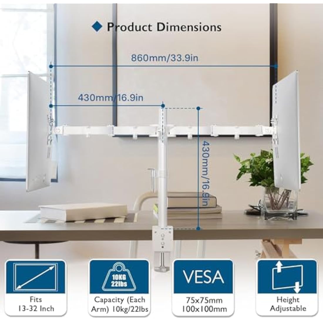 BONTEC Dual Monitor Stand – Ergonomic Height Adjustable Desk Mount, White