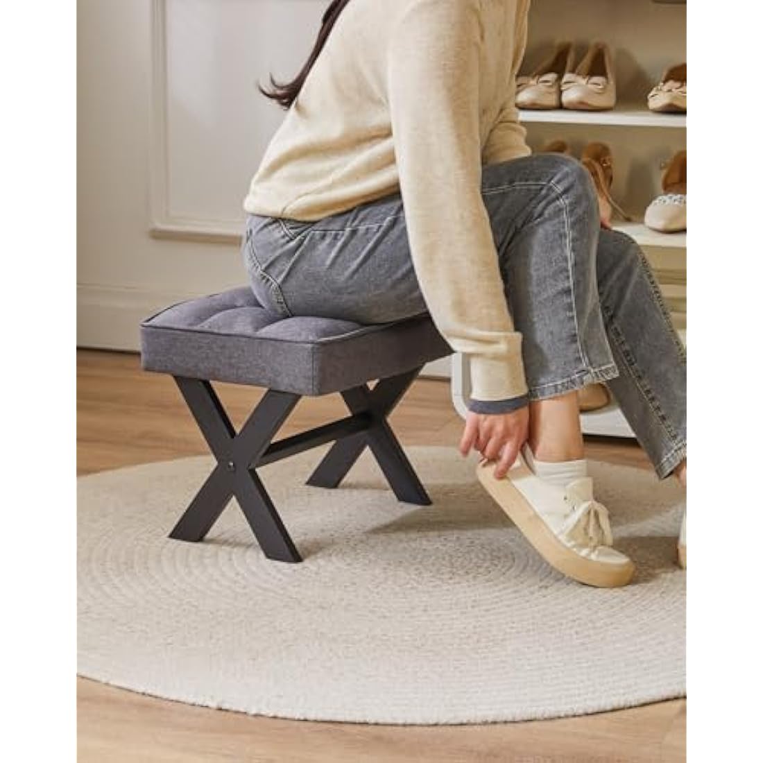 IBUYKE Small Square Linen Footrest Stool | Metal X-Leg Vanity Chair, Dark Gray