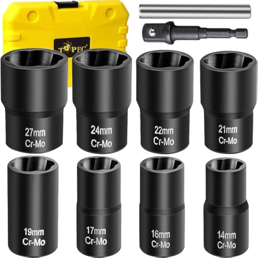 Topec 10-Piece Bolt Extractor Set | 1/2" Drive Cr-Mo Lug Nut Remover Kit