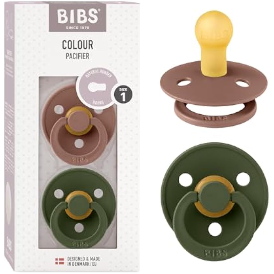 BIBS Colour Pacifier 2-Pack | Natural Rubber Latex | Woodchuck/Hunter Green