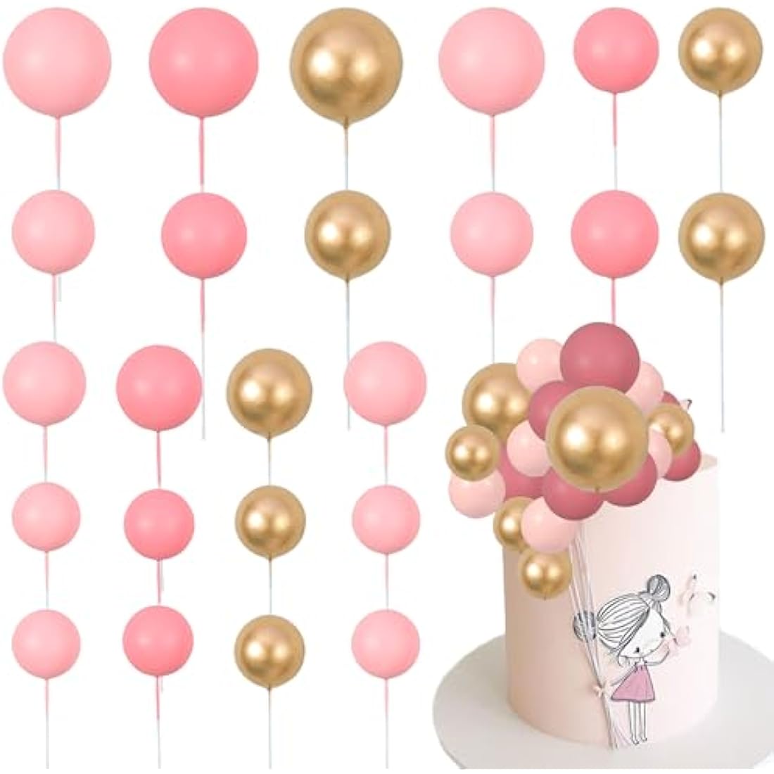 Gyufise 30Pcs Pink Gold Ball Cake Toppers – Foam Balloon Cupcake Decor