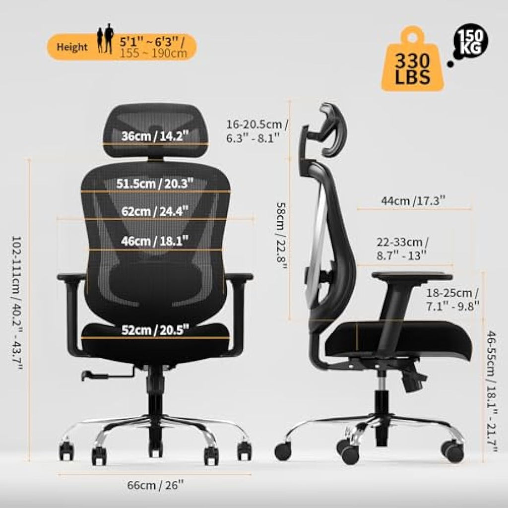 HOLLUDLE Ergonomic Office Chair – 3D Lumbar Support Mesh Desk Chair