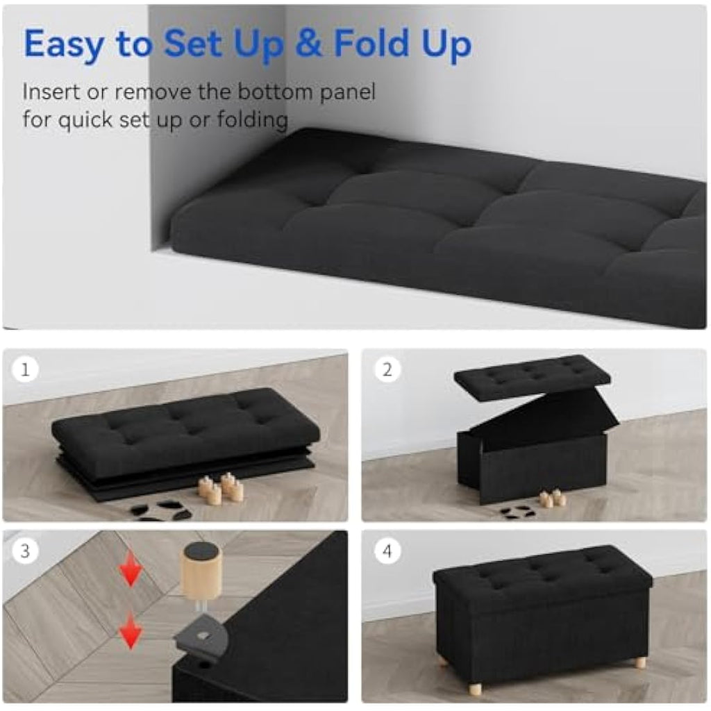 Jolof Store Linen Storage Ottoman – Foldable Black Foot Rest Stool