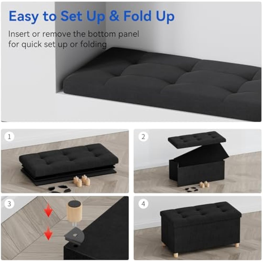 Jolof Store Linen Storage Ottoman – Foldable Black Foot Rest Stool