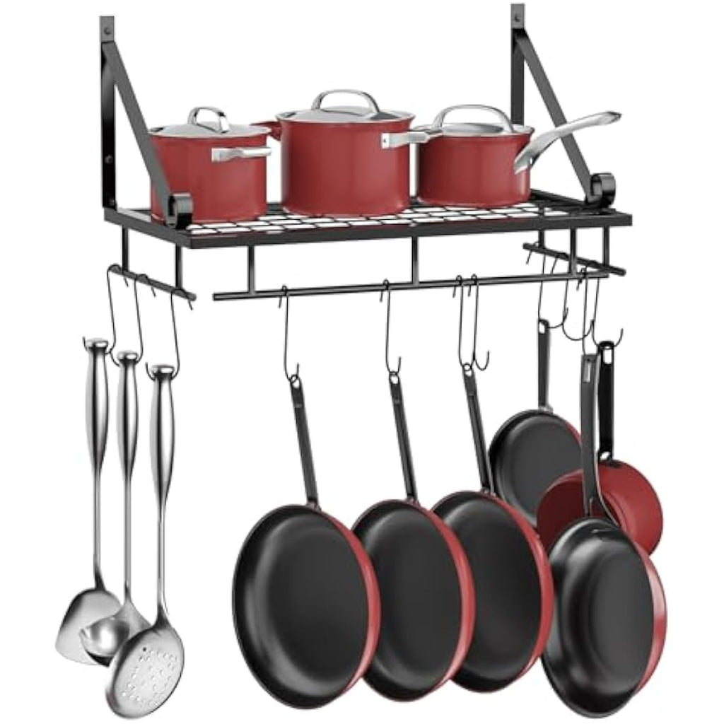 Wall Mounted Pot Rack – Iron Kitchen Shelf with 10 Hooks