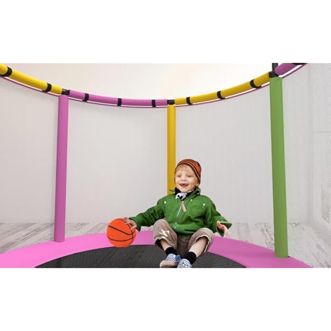 Kids Trampoline with Basketball Hoop, Swing & Pull Rings