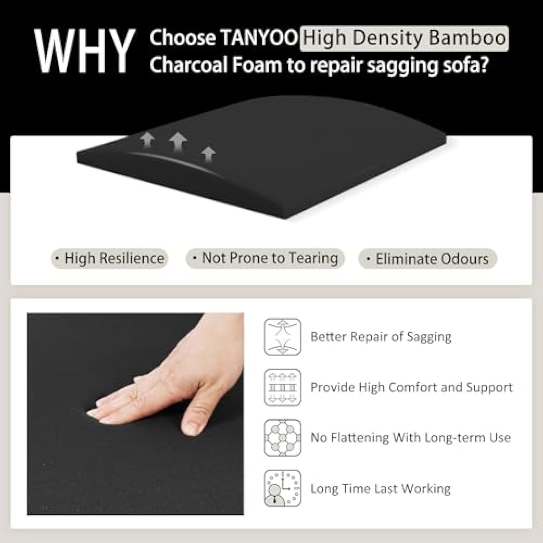 TANYOO Sofa Cushion Support for Sagging Seats – High Density Foam 2-Pack