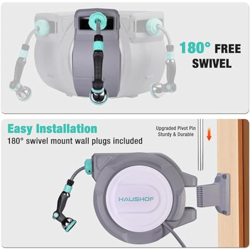 HAUSHOF 30m Wall Mounted Retractable Garden Hose Reel with 10-in-1 Spray Gun