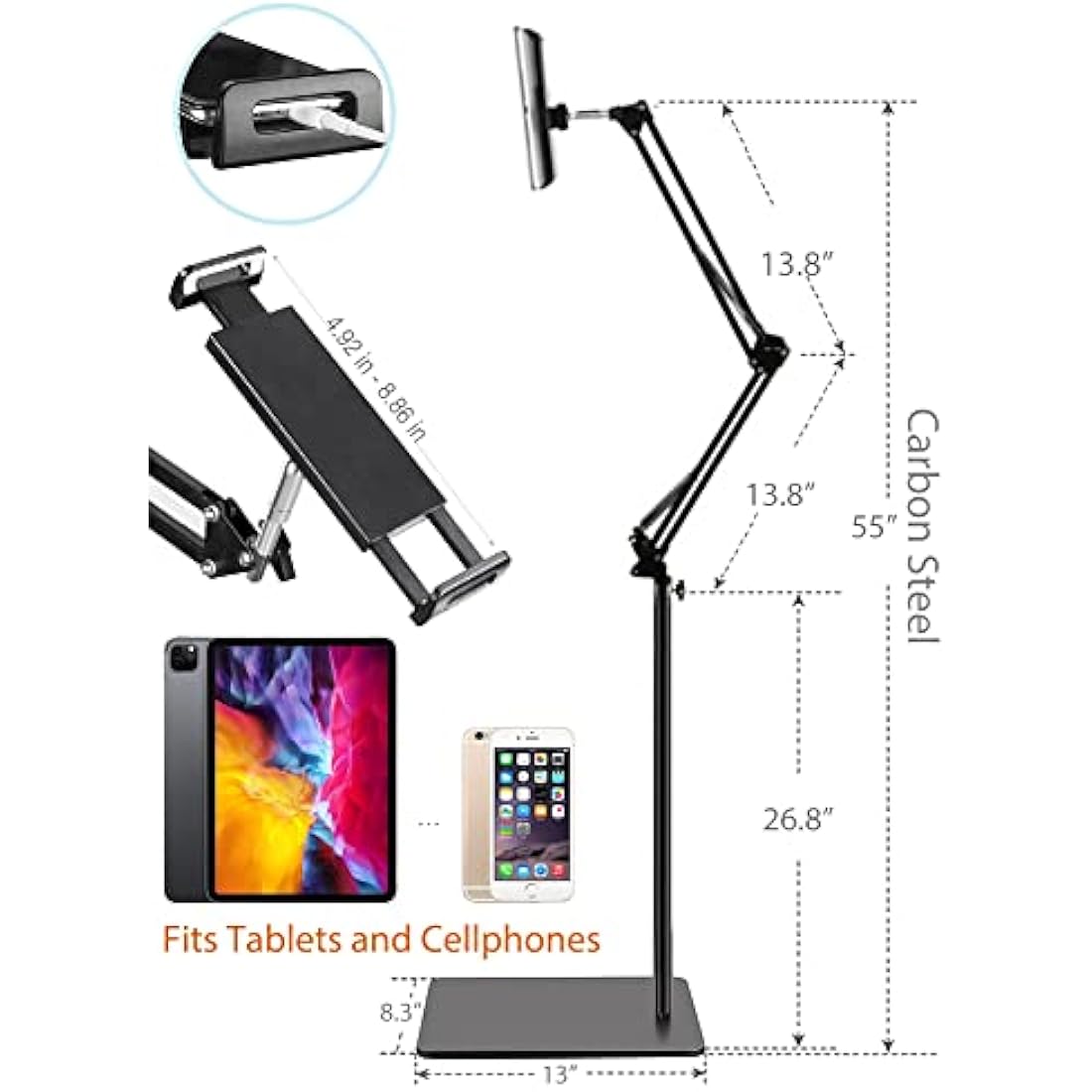 BluuSuuk Tablet Floor Stand – Adjustable Height Arm for 4.7-12.9" iPad