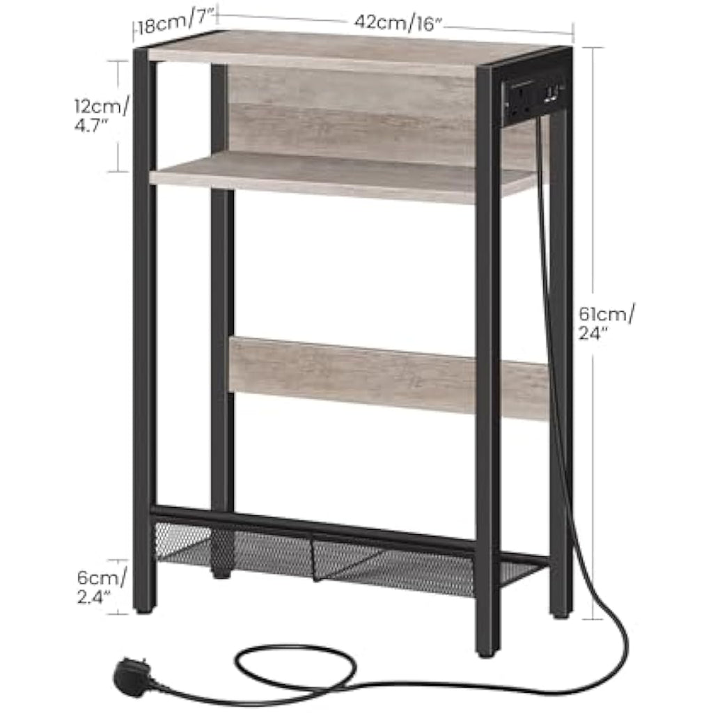CHOEZON Narrow Side Table with Charging Station | Slim Greige Nightstand
