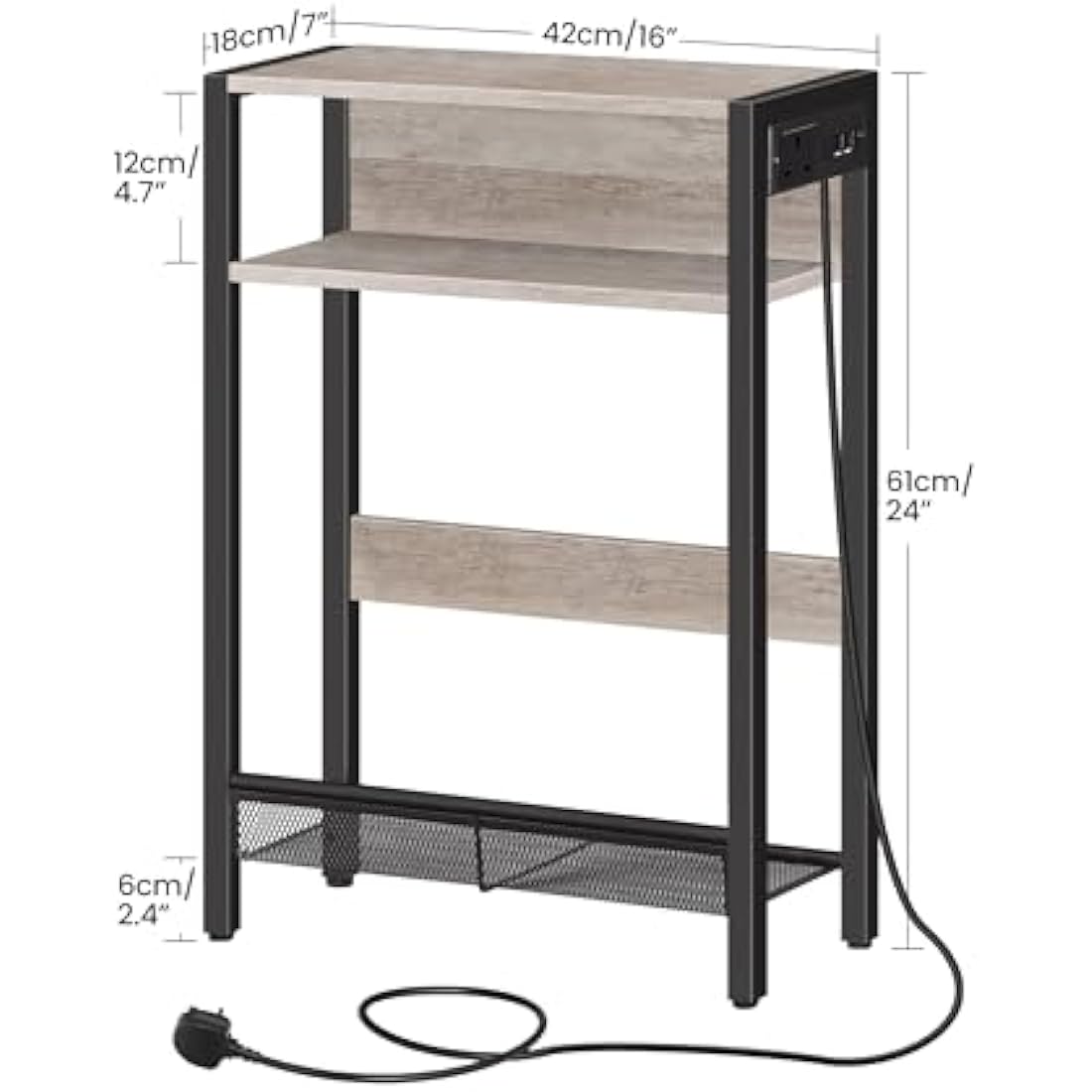 CHOEZON Narrow Side Table with Charging Station | Slim Greige Nightstand