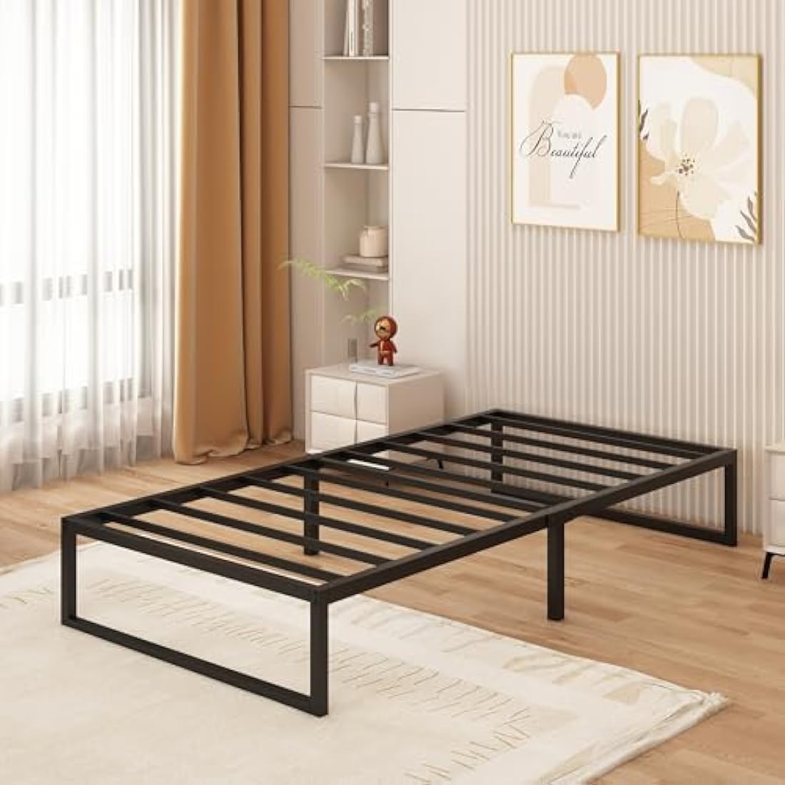 Single Metal Bed Frame – 90x190cm Steel Slat Support, Black