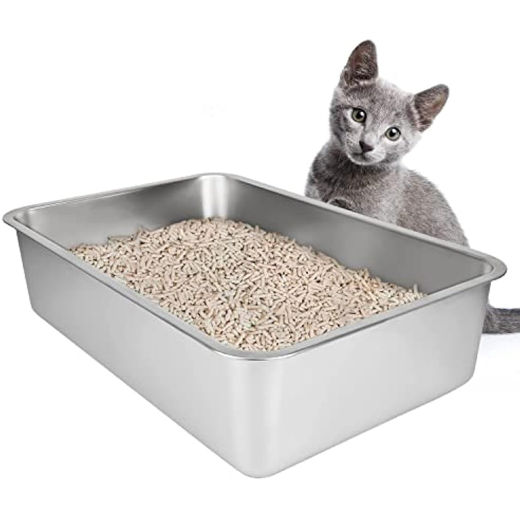 IKITCHEN Stainless Steel Cat Litter Box – Low Entry Metal Pan for Kittens