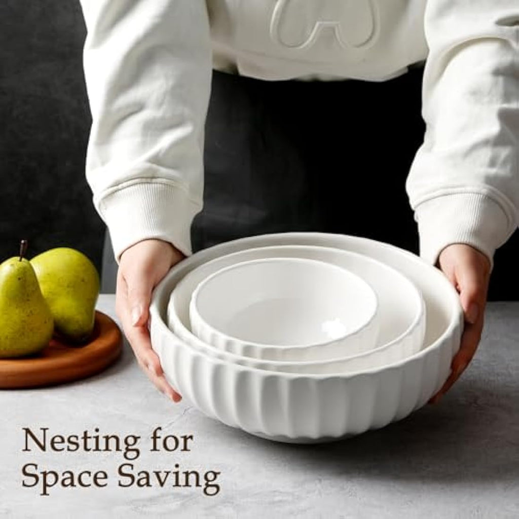 NUTRIUPS Porcelain Nesting Serving Bowls | Set of 3 Ribbed Stackable Bowls