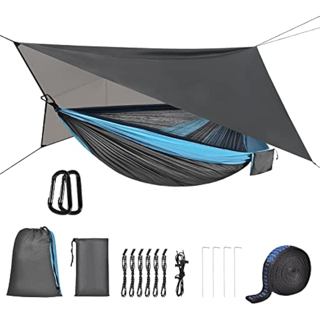 OTraki Camping Hammock with Mosquito Net and Rain Fly – Blue Grey Nylon