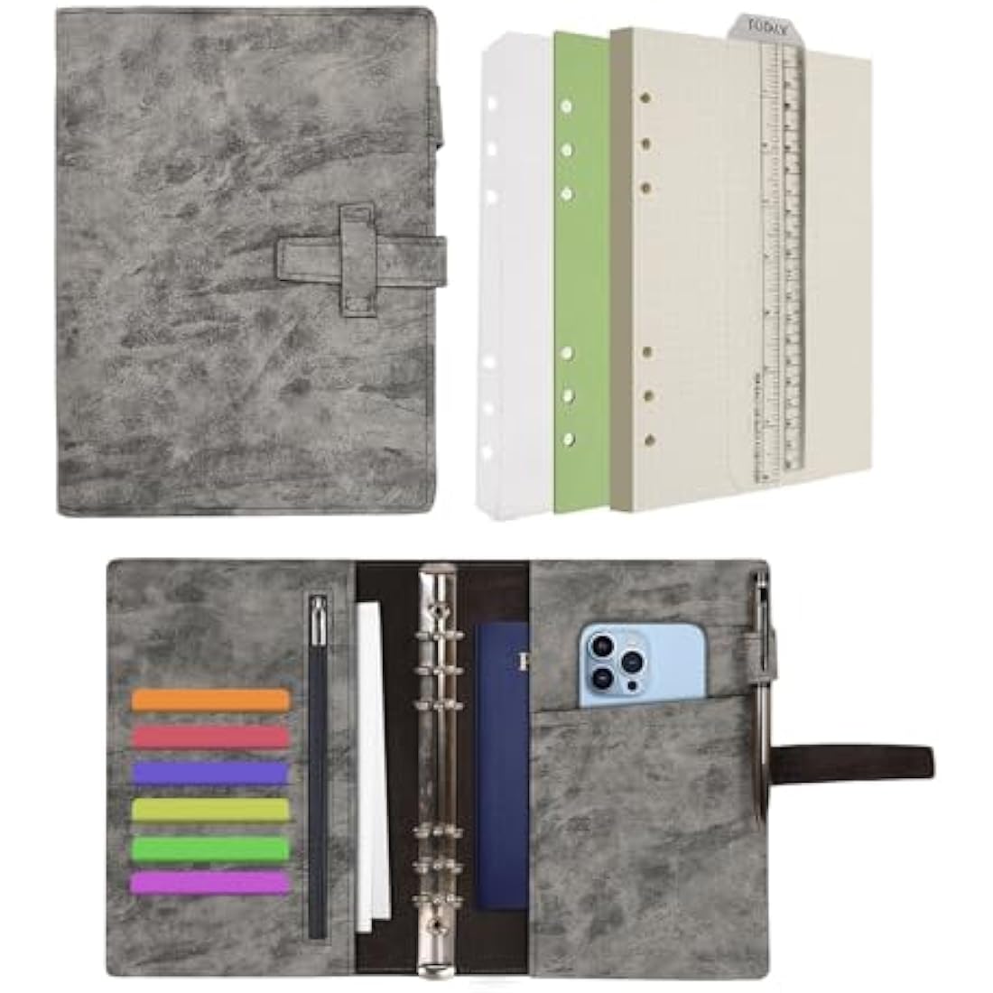 Jolof Store A5 Leather Binder Organizer – Refillable Dotted Notebook, Grey