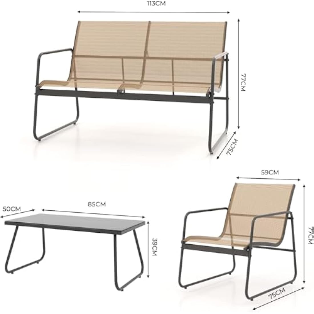 4-Piece Outdoor Patio Furniture Set | Mesh Sling & Steel – Brown