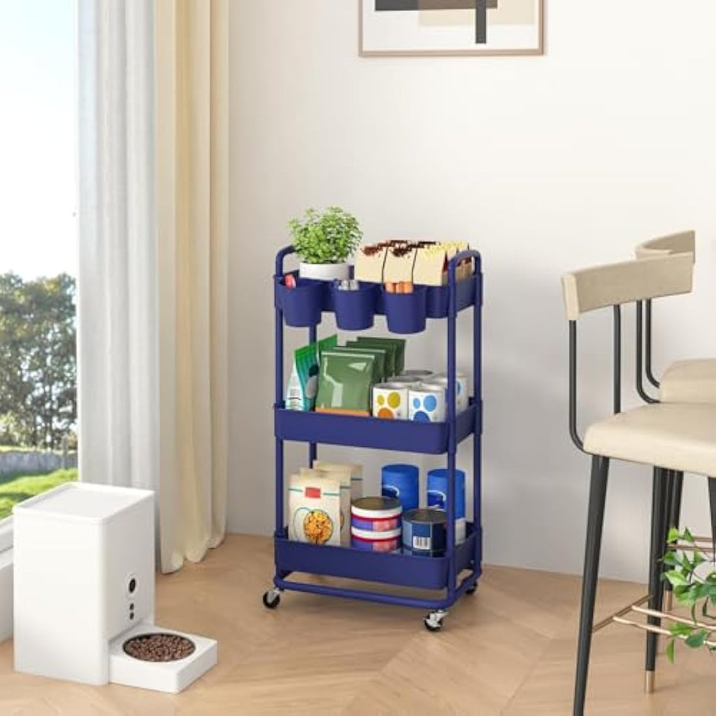 JIUYOTREE 3-Tier Rolling Utility Cart with Hanging Cups & Wheels - Blue