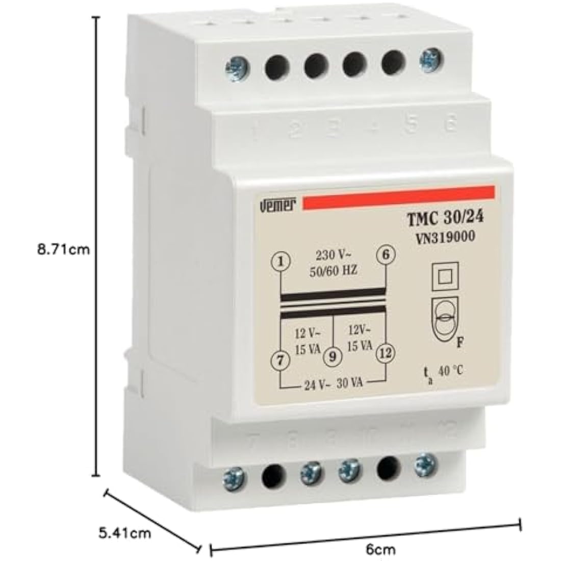 Vemer TMC 30/24 DIN Rail Transformer | 230V to 12-24V | 30VA Power