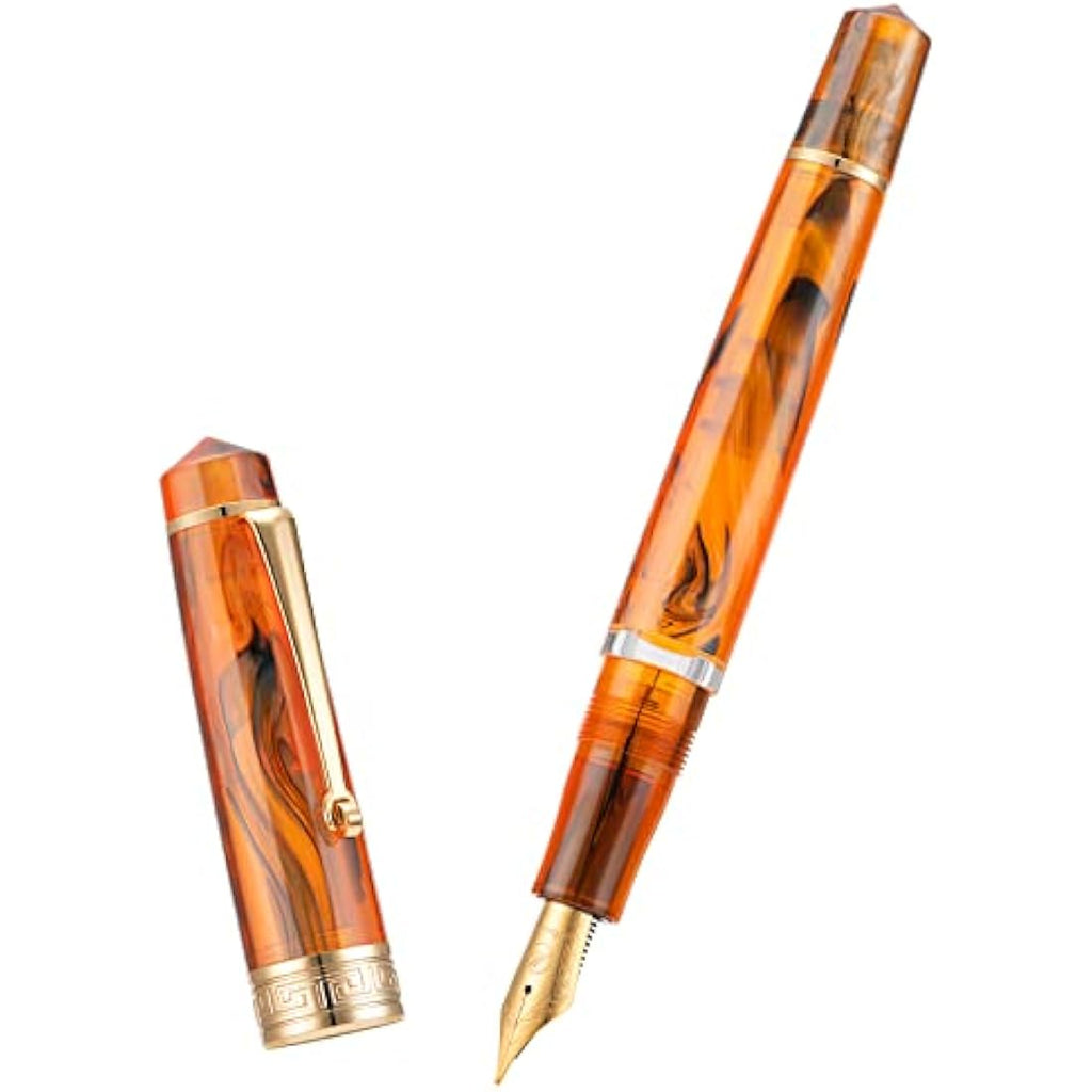 Asvine P20 Piston Fountain Pen - Amber Resin Medium Nib Gold Trim