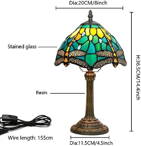 Blivuself Tiffany Style Stained Glass Dragonfly Table Lamp – 8" Retro Desk Light