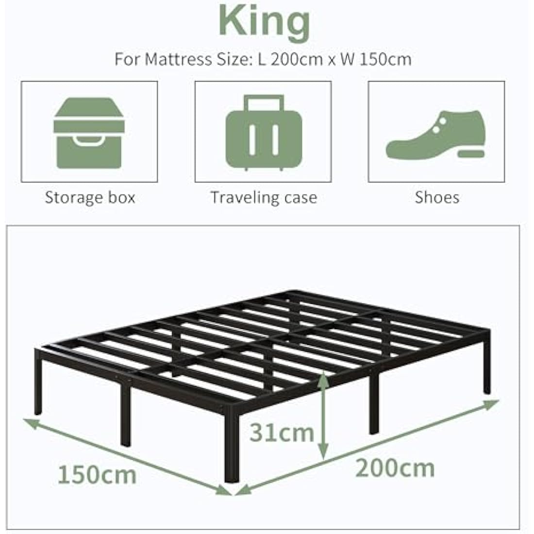 King Size Metal Bed Frame – Heavy Duty Platform with Slats