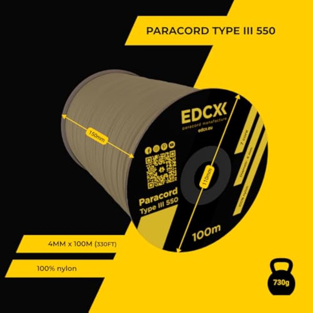 EDCX 550 Paracord Type III – 4mm Nylon Rope for DIY, Camping & Survival